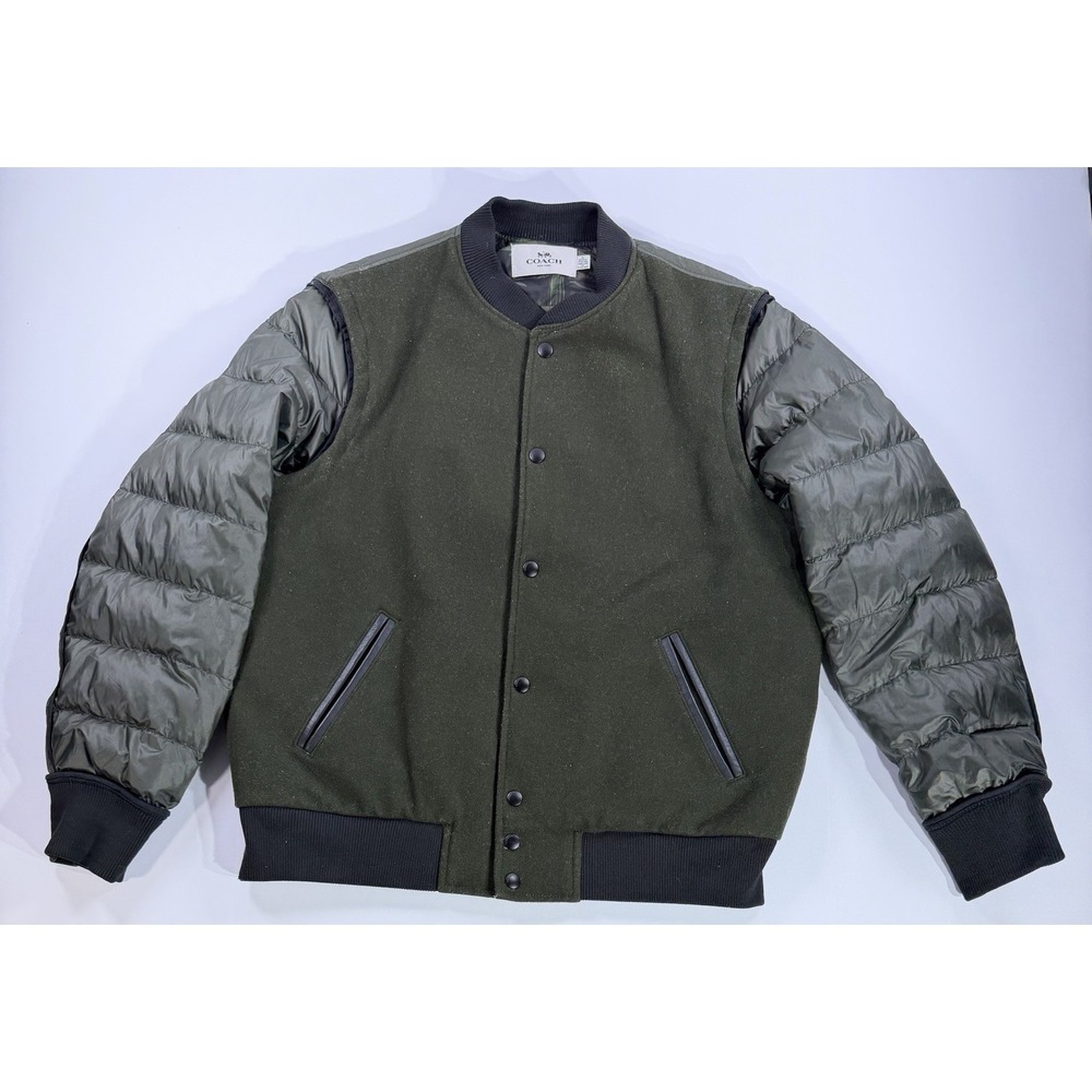 Coach Wool Down Varsity Jacket Green Leather Trim Bomber Men's XL